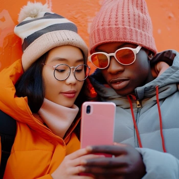 Two people looking at a phone, representing Brand Health